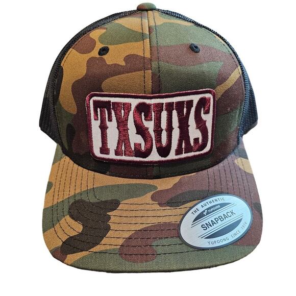 Texas Sucks Camo Snapback Trucker Hat TXSUXS Embroidered Boomer Sooner OU - Picture 1 of 9